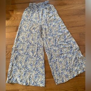 Patrons of Peace Blue Floral Wide Leg Pants Boho Smocked Waist Size L